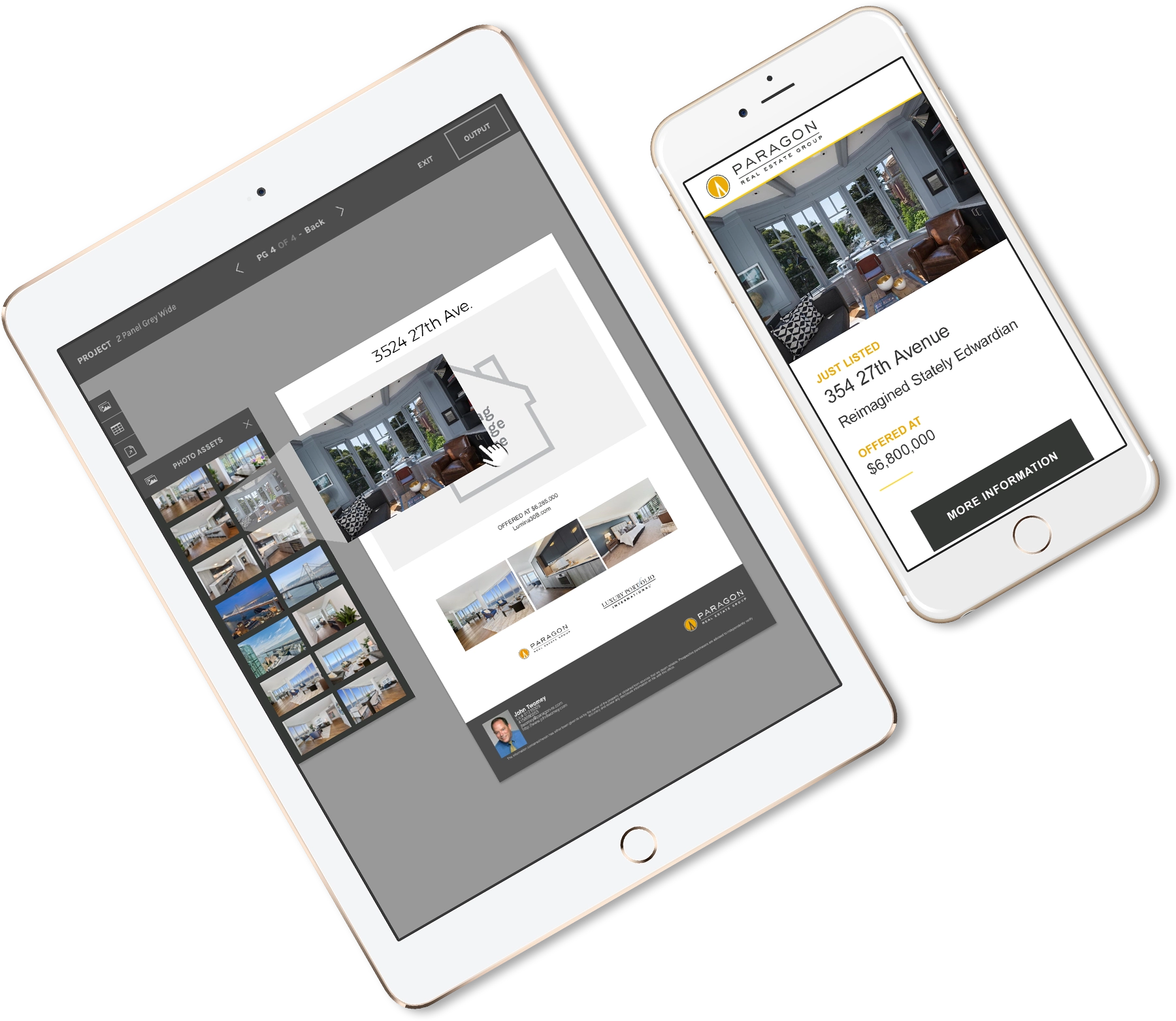 Tablet and mobile screens displaying the DASH Marketing real-estate web app.