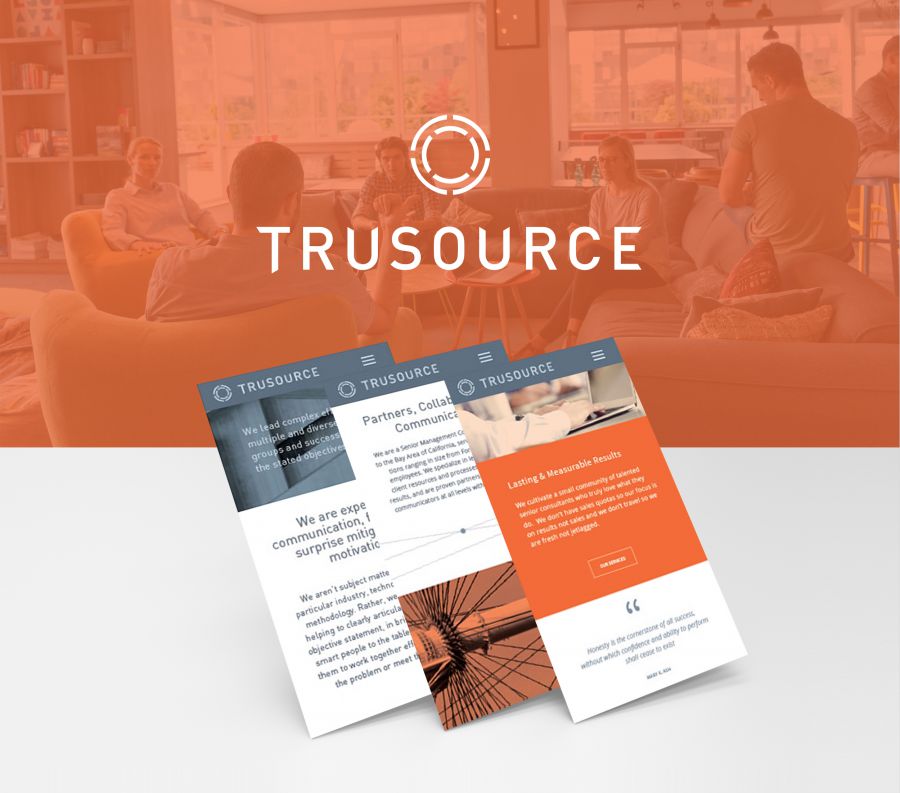 People in a meeting with TruSource logo and mobile app screens overlayed.