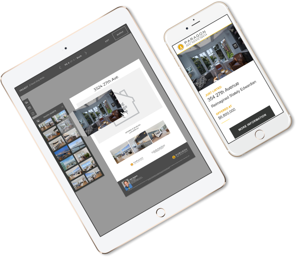 Tablet and mobile screens displaying the DASH Marketing real-estate web app.